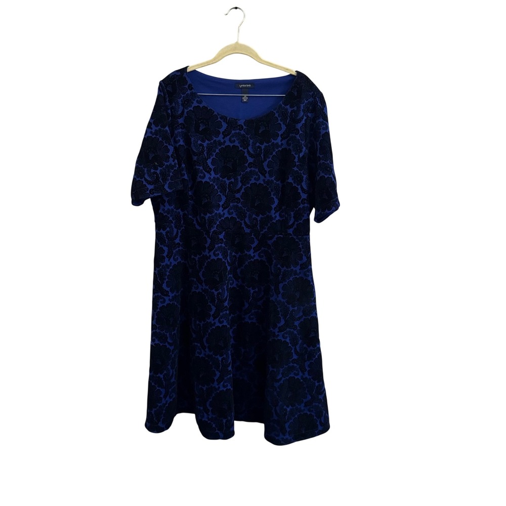 Lands End Blue Black Flocked Velvet Floral Dress Plus 2X 20W-22W Short Sleeve